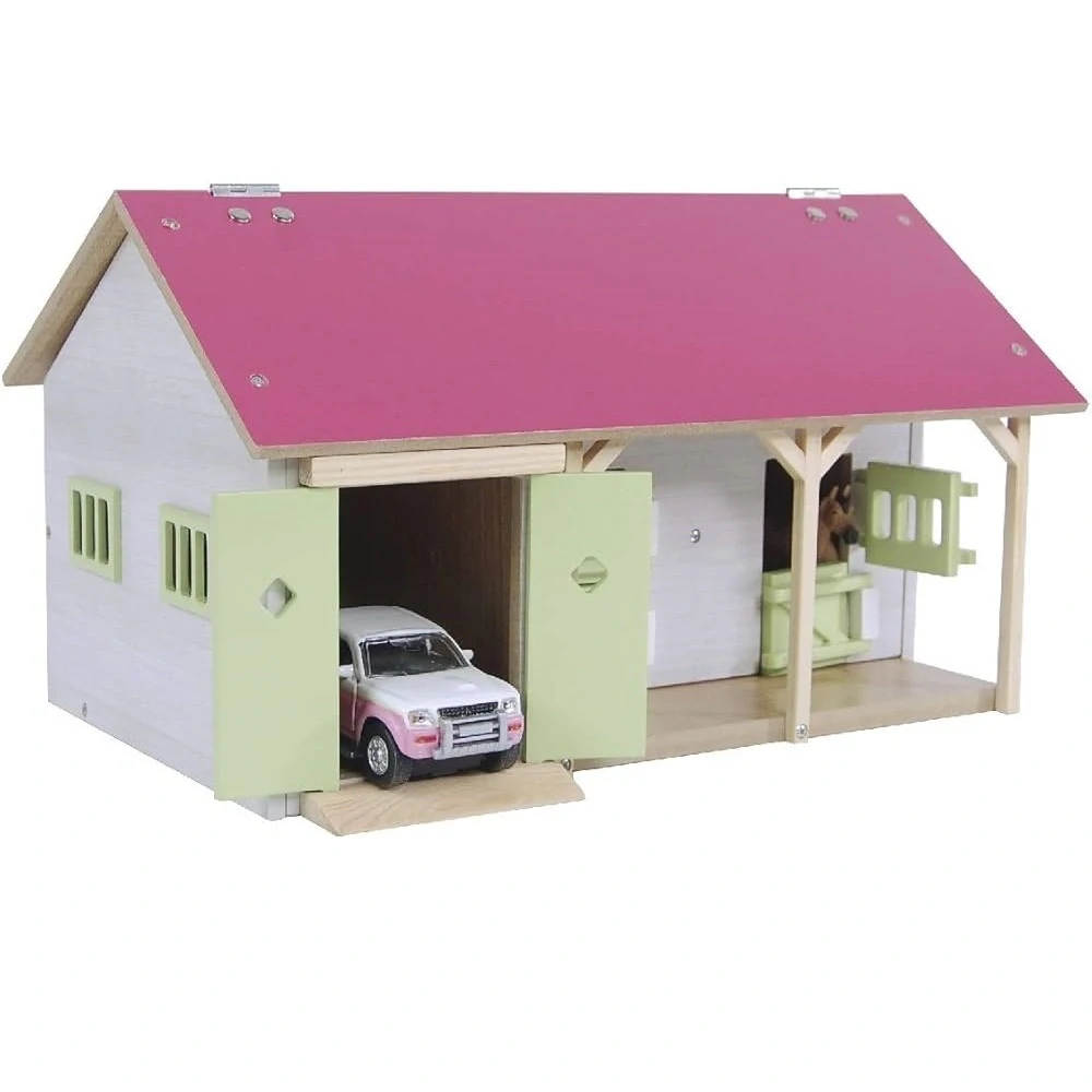 Růžová stáj se 2 boxy pro koně a garáží, 1:32 34x22x19cm Kids Globe (610245)