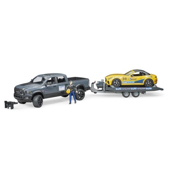 Auto RAM 2500 s vlekem a závodním autem Bruder 02504