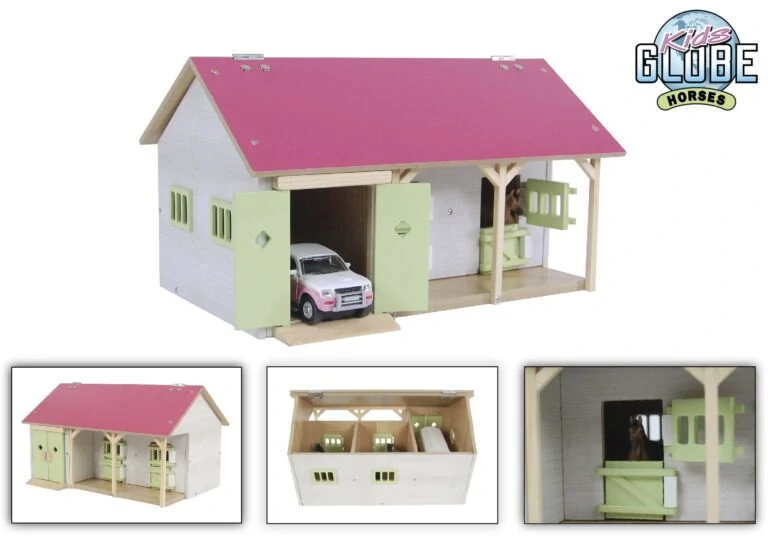 Růžová stáj se 2 boxy pro koně a garáží, 1:32 34x22x19cm Kids Globe (610245)