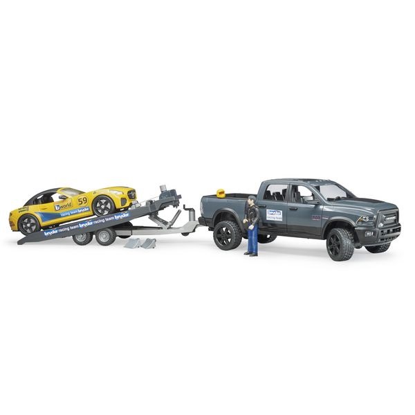 Auto RAM 2500 s vlekem a závodním autem Bruder 02504
