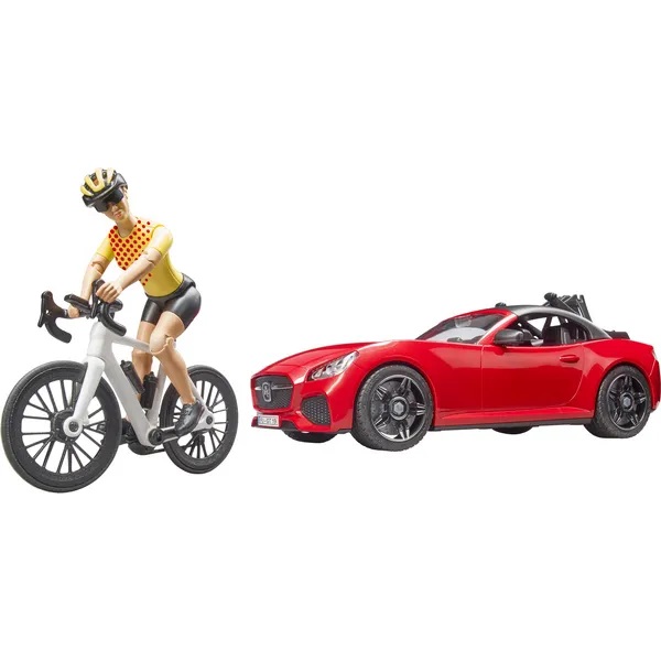Sportovní automobil s cyklistou a horským kolem Bruder 03485