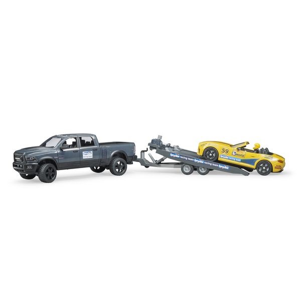 Auto RAM 2500 s vlekem a závodním autem Bruder 02504