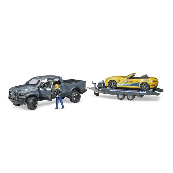 Auto RAM 2500 s vlekem a závodním autem Bruder 02504