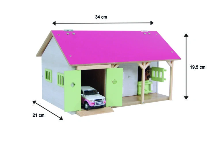 Růžová stáj se 2 boxy pro koně a garáží, 1:32 34x22x19cm Kids Globe (610245)