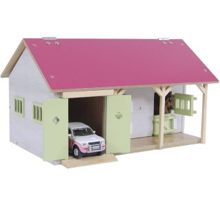 Růžová stáj se 2 boxy pro koně a garáží, 1:32 34x22x19cm Kids Globe (610245)